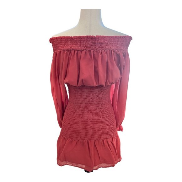 Hyfve off the shoulder balloon sleeve woven mini dress, size small, coral - Picture 5 of 10
